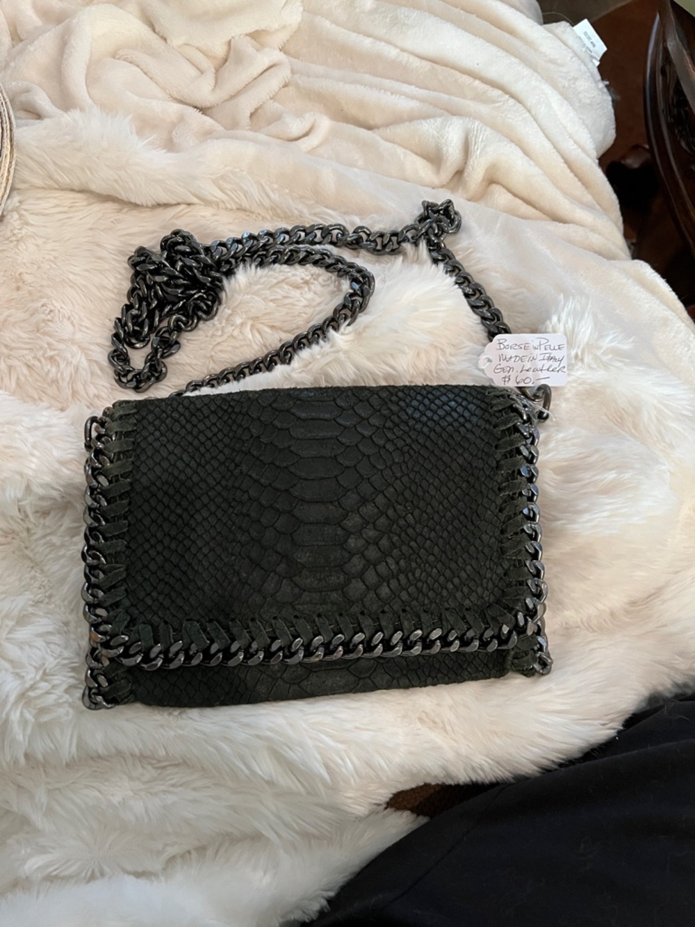 Black Snake-Embossed Chain Crossbody genuine dark green leather made in Italy